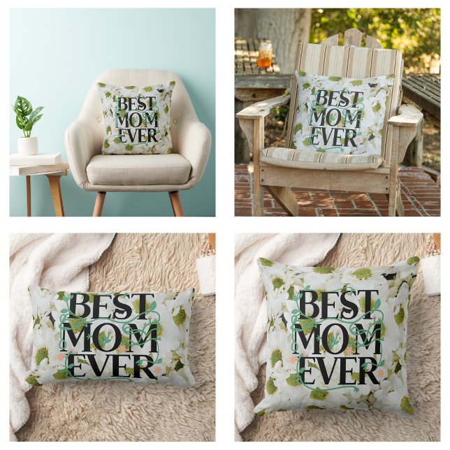 Cojín Lumbar Moderna floral blanca de moda para la mejor mamá d (Trendy Best Mom Ever White Floral Modern Pillow)