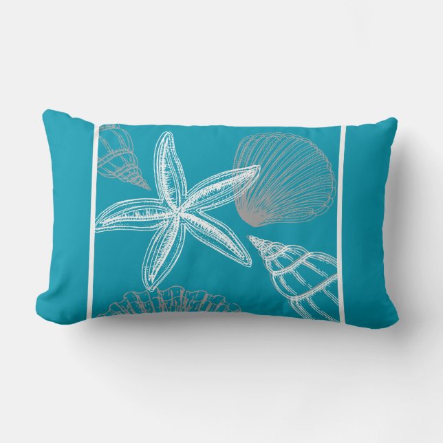 Cojín Lumbar Moderna Seashell Beach House Aqua Blue Starfish (Anverso)