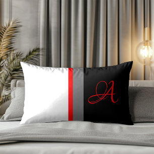 Cojín Lumbar Monograma Blanco Rojo Gris, Rayado Negro