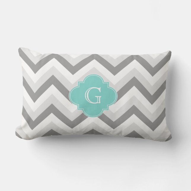 Cojín Lumbar Monograma De Dos Chevron Blanco Gris Aqua (Anverso)