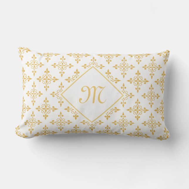 Cojín Lumbar Monograma de lujo Floral de Quatre blanco y dorado (Anverso)