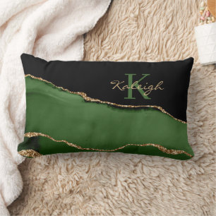 Cojín Lumbar Monograma de mármol dorado con brillo verde negro 
