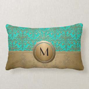 Cojín Lumbar Monograma de oro y verde turquesa damasco