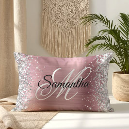 Cojín Lumbar Monograma de papel de aluminio rosa brillante con