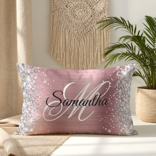Cojín Lumbar Monograma de papel de aluminio rosa brillante con 