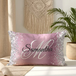 Cojín Lumbar Monograma de plata brillante rosa bonito de papel