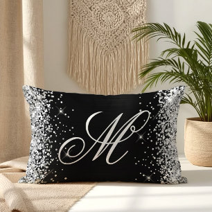Cojín Lumbar Monograma Elegante con Purpurina de Plata y Hoja d