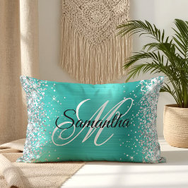 Cojín Lumbar Monograma Elegante de Purpurina Plateada Turquesa 