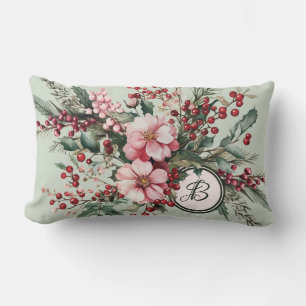 Cojín Lumbar Monograma elegante floral de acuarela de Navidad r
