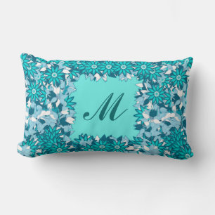 Cojín Lumbar Monograma enmarcado con flores - azul y blanco