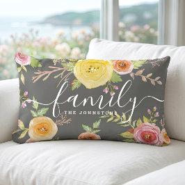 Cojín Lumbar Monograma familiar gris amarillo floral acuarela c