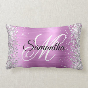Cojín Lumbar Monograma Fantasía de Lámina de Lavanda con Brillo