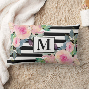 Cojín Lumbar Monograma floral acuarela rosa con franja blanco y