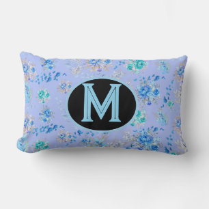Cojín Lumbar Monograma Floral Azul Vintage