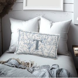 Cojín Lumbar Monograma Floral blanca azul de algodón francés