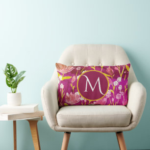 Cojín Lumbar Monograma inicial romántico borgoña floral