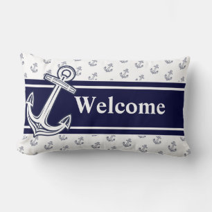 Cojín Lumbar Monograma personalizado Ancla náutica azul marino 