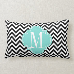Cojín Lumbar Monograma personalizado zigzag negro de Chevron y