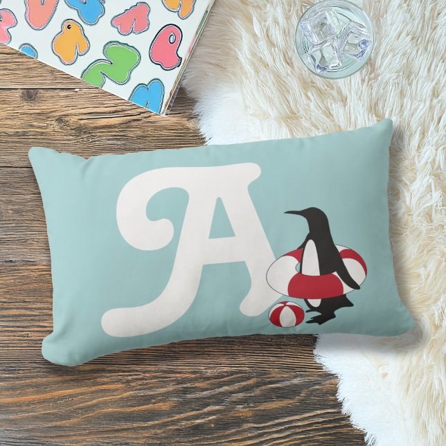 Cojín Lumbar Monograma Pingüino Azul Claro Cute (Subido por el creador)