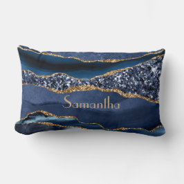 Cojín Lumbar Monograma Purpurina de oro azul Agate Marble Glam 