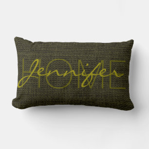 Cojín Lumbar Monograma Rústico Burlap verde Rifle