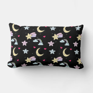 Cojín Lumbar Moon, Stars and Clouds Pattern on Black