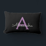 Cojín Lumbar Morado Black Script Girly Monograma Nombre<br><div class="desc">Monograma púrpura y negro Añadir su propio nombre almohada lumbar. Esto hace que el dulce perfecto cumpleaños 16,  boda,  ducha de novia,  aniversario,  ducha de bebé o fiesta de soltera sea regalo para alguien que ama el lujo glam y los estilos de moda.</div>