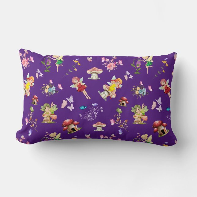 Cojín Lumbar Morado Fairy Mushroom House Tema (Anverso)