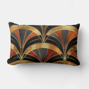 Cojín Lumbar Motivo de Abanico Art Déco Negro, Dorado y Rojo In