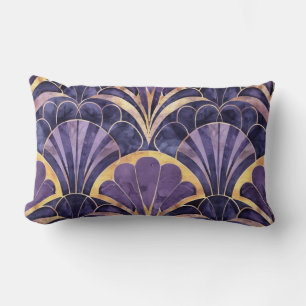 Cojín Lumbar Motivo de Abanico Art Déco Púrpura, Azul Marino y 