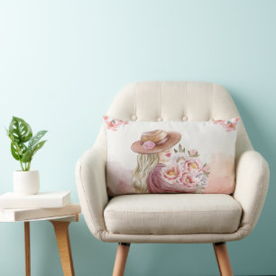 Cojín Lumbar Mujer elegante con estampado de acuarela de peonía