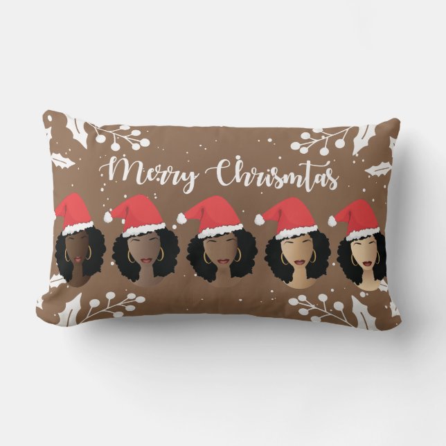 Cojín Lumbar Mujeres negras, sombreros de Papá Noel, marrones (Anverso)