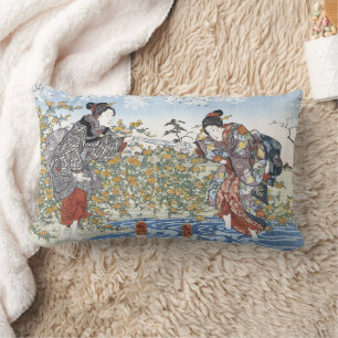Cojín Lumbar Mujeres Ukiyo-e del Período Edo Río Azul Flores Am