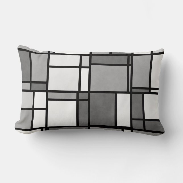 Cojín Lumbar Múltiple patrón inspirado en Mondrian gris blanco (Anverso)