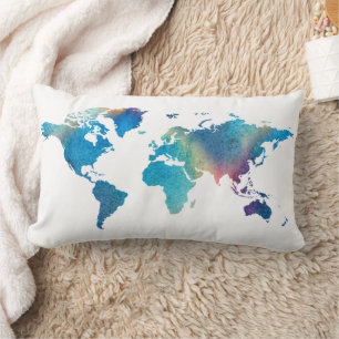 Cojín Lumbar Mundo Mapa de viaje acuarela azul verde