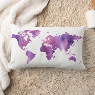 Cojín Lumbar Mundo Mapa de Viaje Acuarela Morado Lindo