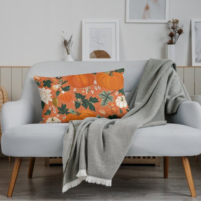 Cojín Lumbar Naranja Boho Calabaza Patrón floral otoñal (Subido por el creador)