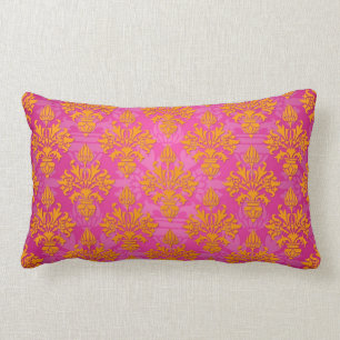 Cojín Lumbar Naranja Brillante y Flor de Damasco Rosa