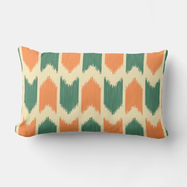 Cojín Lumbar Naranja de patrón de Ikat retro y verde (Anverso)