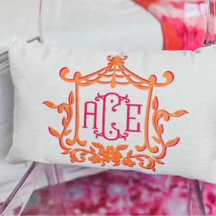 Cojín Lumbar Naranja rosa Pagoda Flower Frame Iniciales monogra