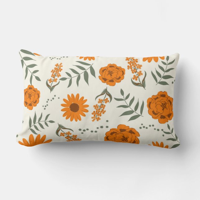 Cojín Lumbar Naranja Terracotta Floral Boho Botánico (Anverso)