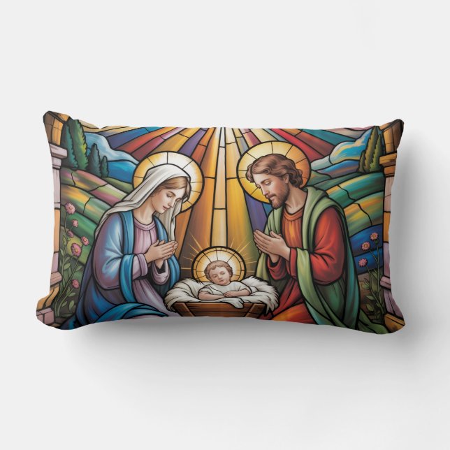 Cojín Lumbar Nativity Stained Glass Art – Holy Family Christmas (Anverso)
