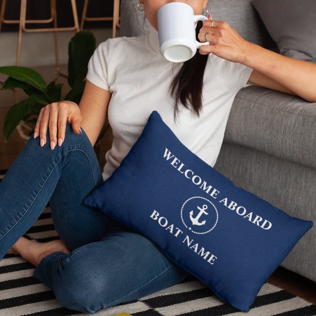 Cojín Lumbar Nautical Bote Name Anchor Rope Navy Blue Welcome (Customize to change text size or text style.)