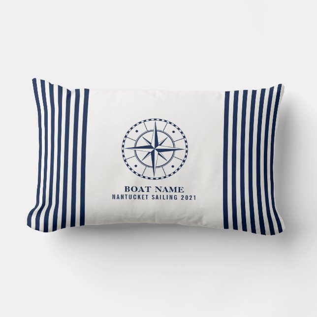Cojín Lumbar Nautical Bote Name Compass Nave Blue Lumbar Pillow (Anverso)