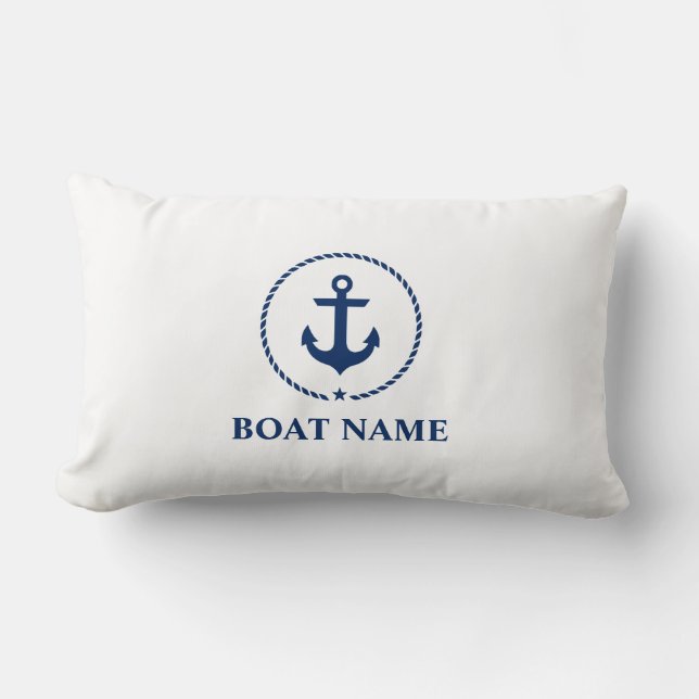 Cojín Lumbar Nautical Bote Nombre Anchor Rope Naval Azul Blanco (Anverso)