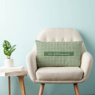 Cojín Lumbar Navidad Personalizada con Cuadro de Gingham Verde