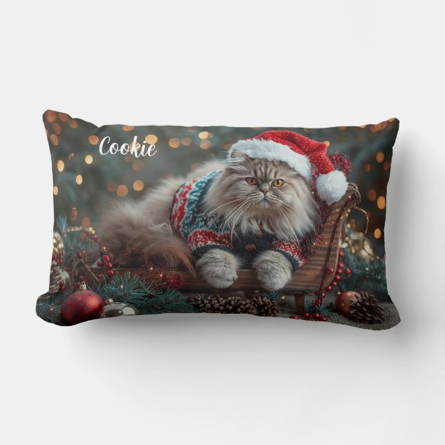 Cojín Lumbar Navidades de gatos persas festivos personalizados (Anverso)
