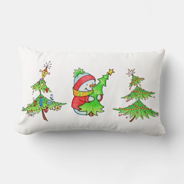 Cojín Lumbar Navidades de snowman y árboles de Navidad Pillow (Anverso)