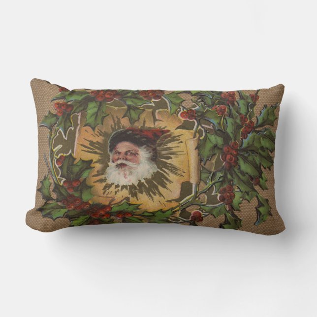 Cojín Lumbar Navidades del Vintage Santa Antique Holly (Anverso)