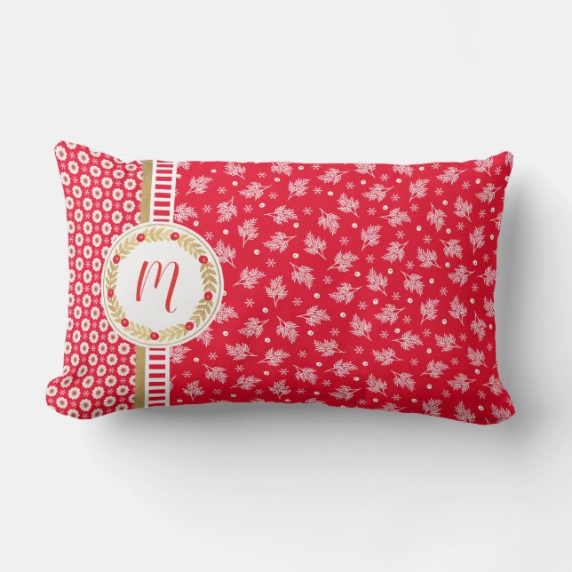 Cojín Lumbar Navidades Florales Rojas Monograma Pillow Lumbar (Anverso)